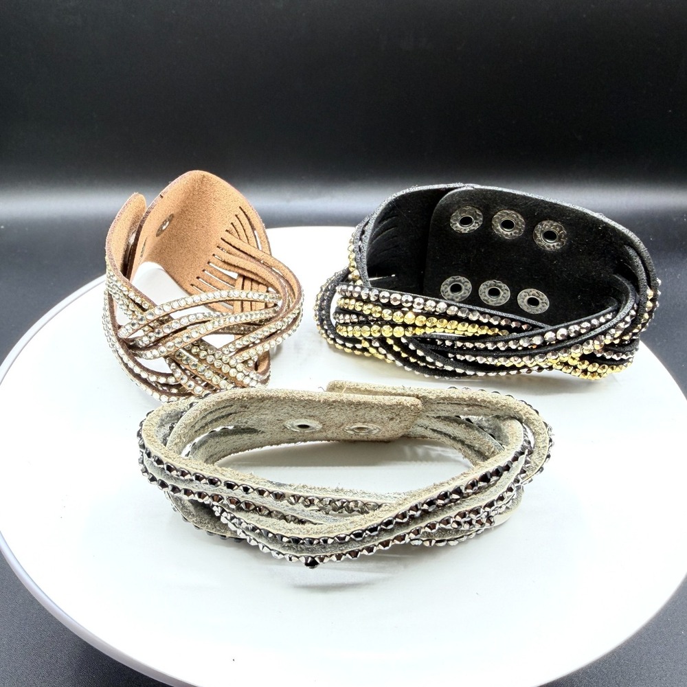 3 Pc Rhinestone Leather Wrap Cuff Bracelets Boho Statement Gift Set Sparkle